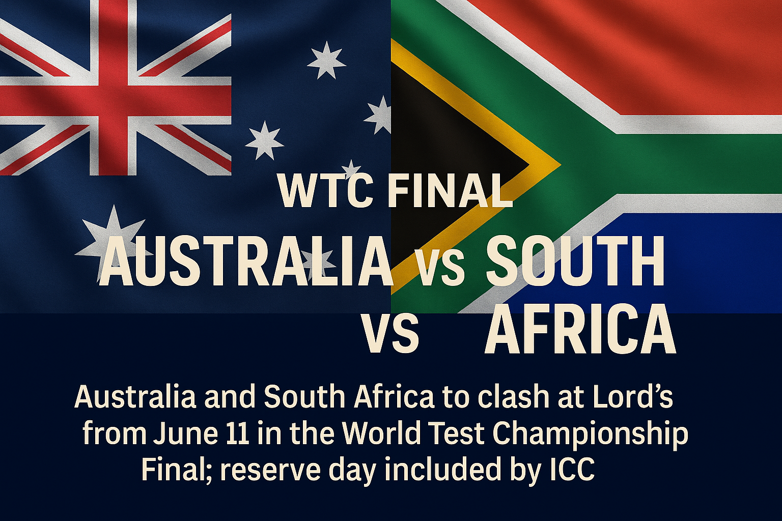 WTC Final 2025 : 11 जून से ऑस्ट्रेलिया और साउथ अफ्रीका के बीच लॉर्ड्स में वर्ल्ड टेस्ट चैंपियनशिप का फाइनल खेला जाएगा, रिजर्व डे भी होगा। WTC Final 2025 : 11 जून से ऑस्ट्रेलिया और साउथ अफ्रीका के बीच लॉर्ड्स में वर्ल्ड टेस्ट चैंपियनशिप का फाइनल खेला जाएगा, रिजर्व डे भी होगा।