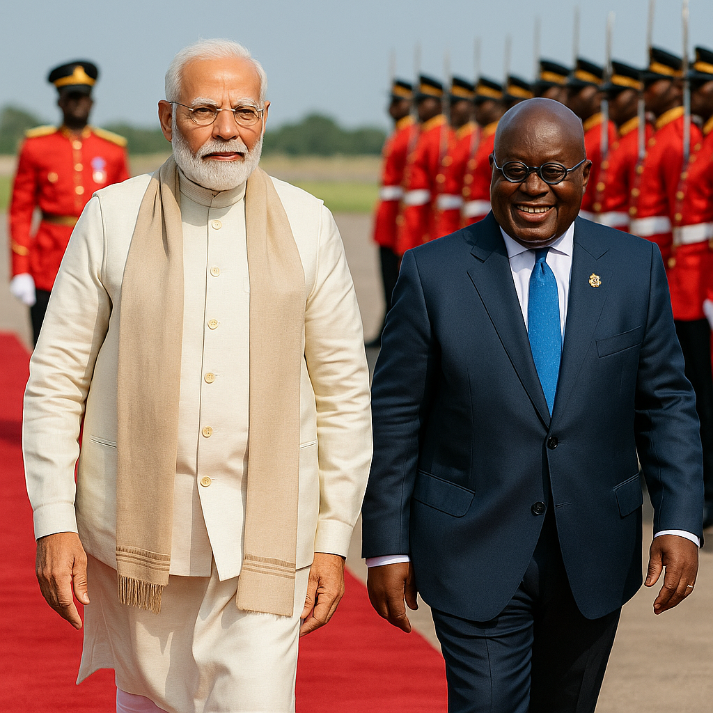 Modi Ghana Visit के दौरान नरेंद्र मोदी को 21 तोपों की सलामी दी गई, घाना में व्यापार, वैक्सीन हब और डिजिटल पेमेंट पर हुई द्विपक्षीय चर्चा।