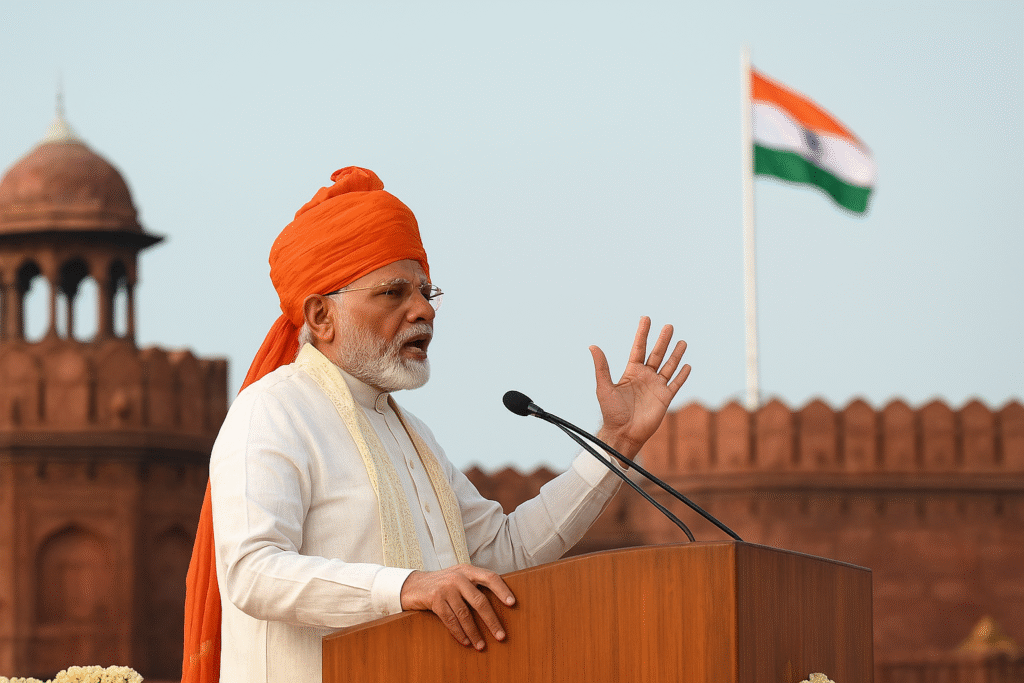 Modi RSS Speech में पीएम मोदी ने 12 साल बाद लाल किले से आरएसएस का जिक्र किया, संगठन को दुनिया का सबसे बड़ा एनजीओ बताते हुए 100 साल की सेवा की सराहना की।
